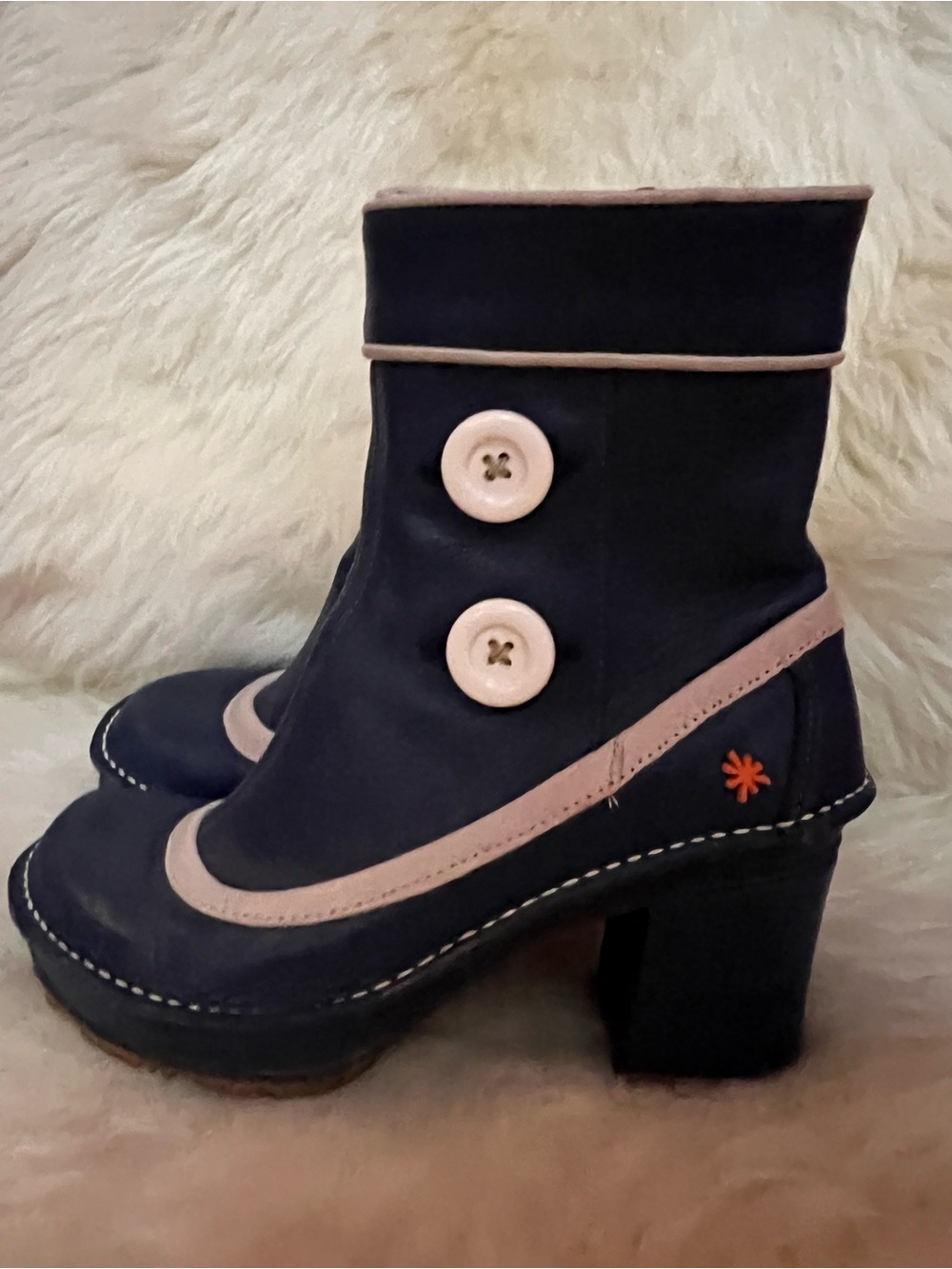 Women’s Navy Ankle Booties with cream Trim and Button Detail